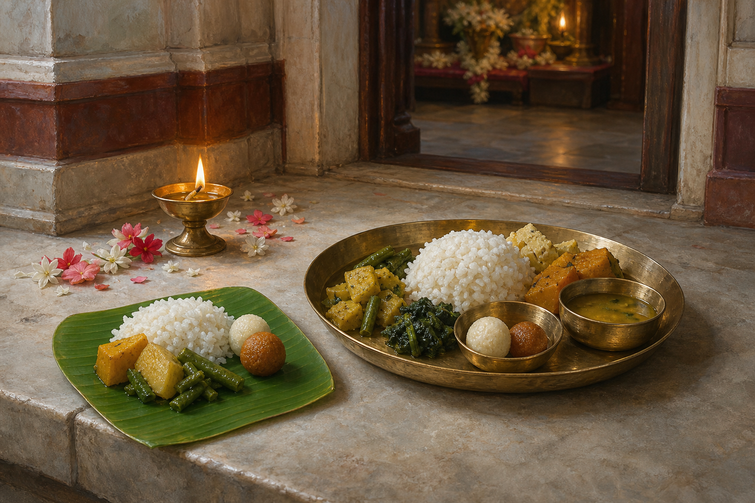 A small banana-leaf portion of rice, vegetables, and sweets sits separately beside a larger brass tray of temple prasada.
