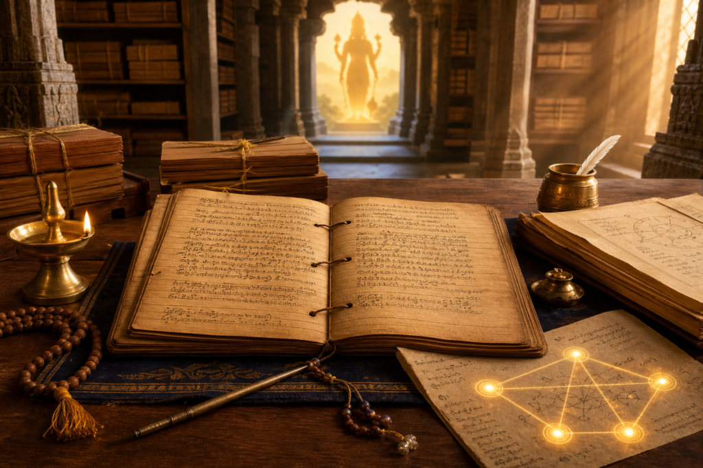 Ancient Sanskrit manuscript on a temple-library desk with oil lamp, notes, and glowing Dvaita Vedanta logic diagram