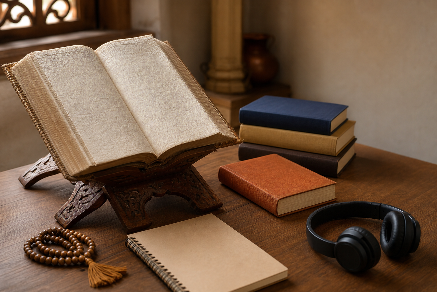 Open sacred book on a carved wooden stand beside prayer beads, reference books, a notebook, and headphones in warm morning light.