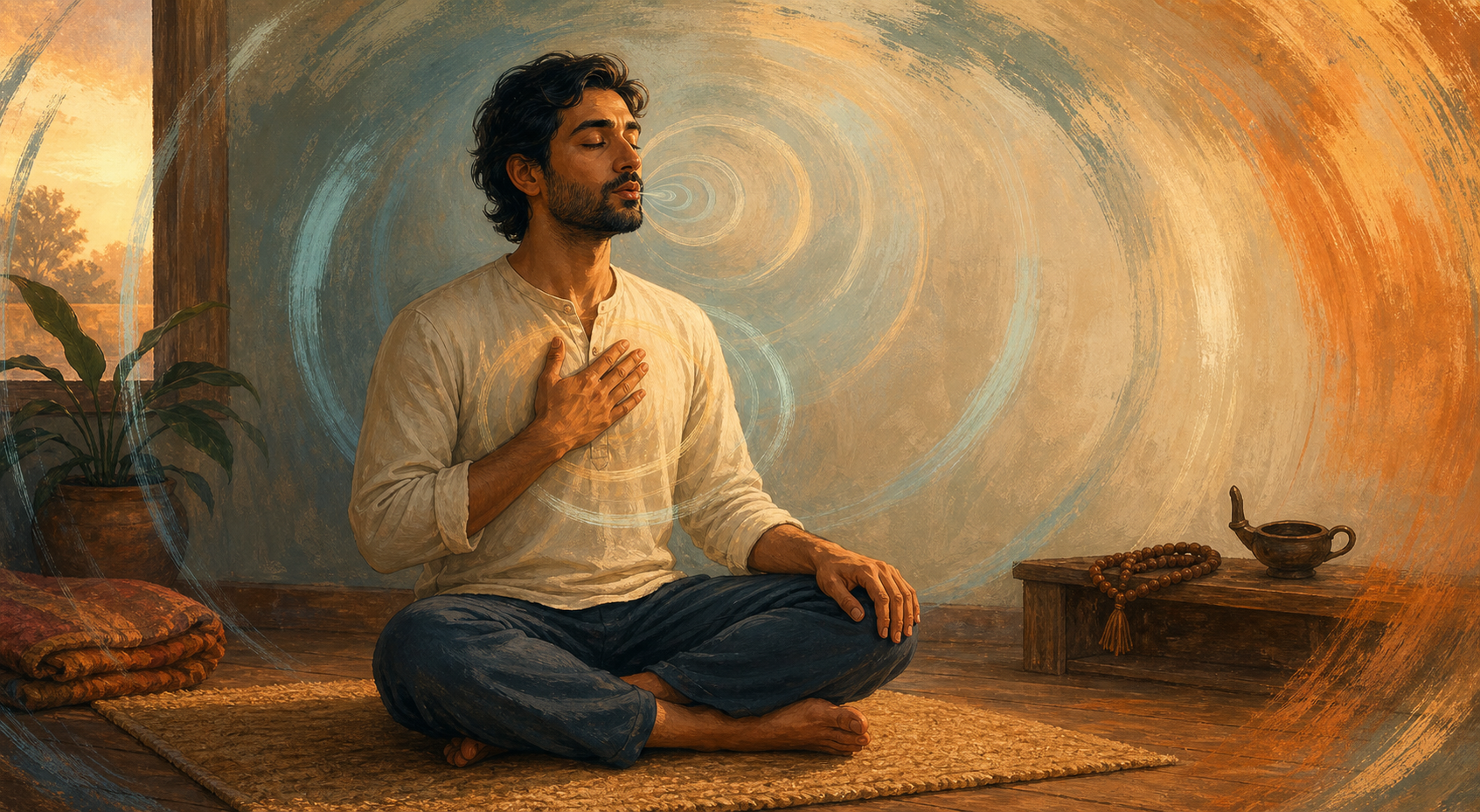 An adult sits on a woven mat at home with one hand on their chest as translucent sound rings spread around them and scattered brushstrokes settle into circular patterns.