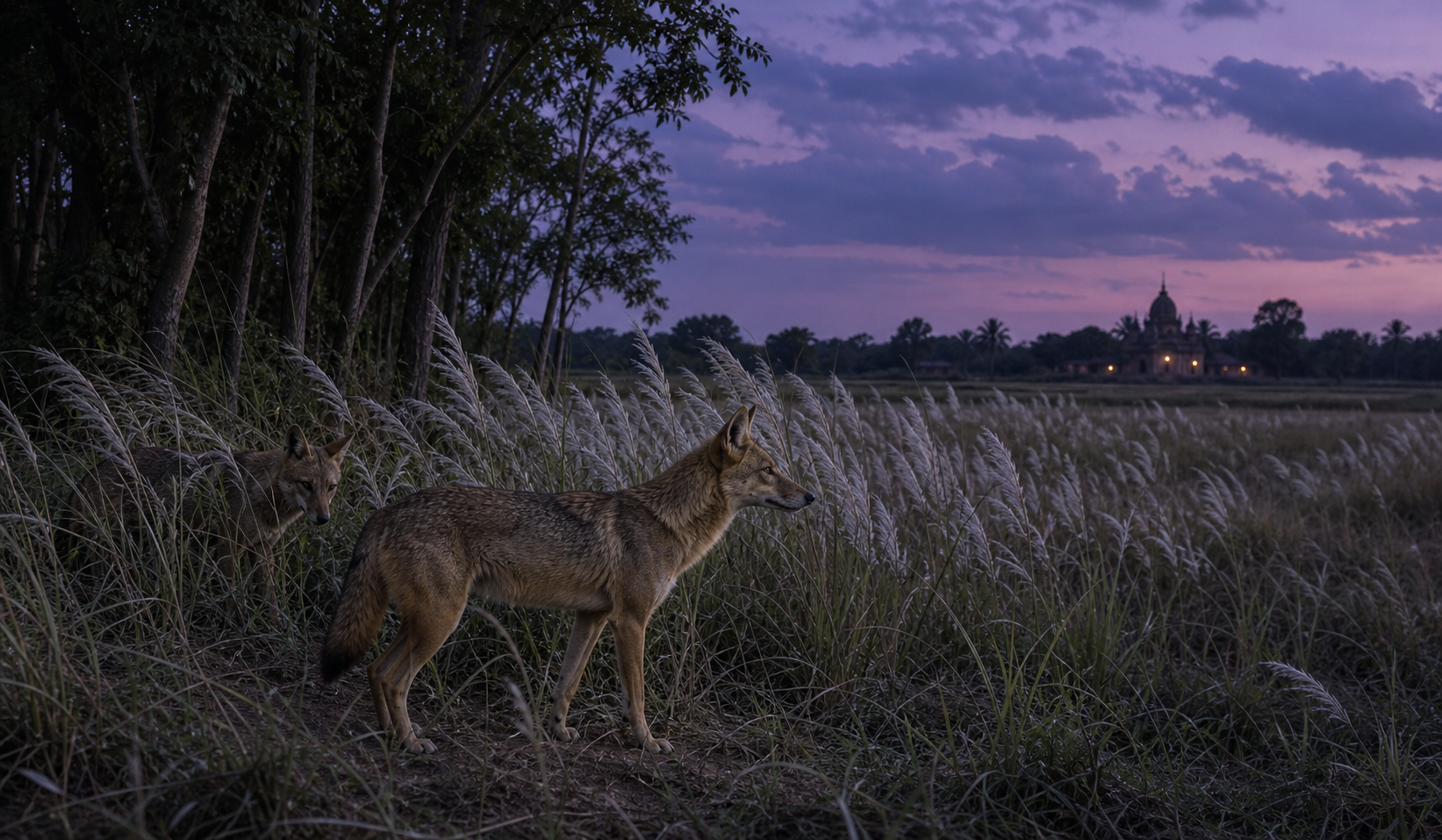 Two golden jackals move through tall grass at dusk near the distant lights of a rural temple compound.