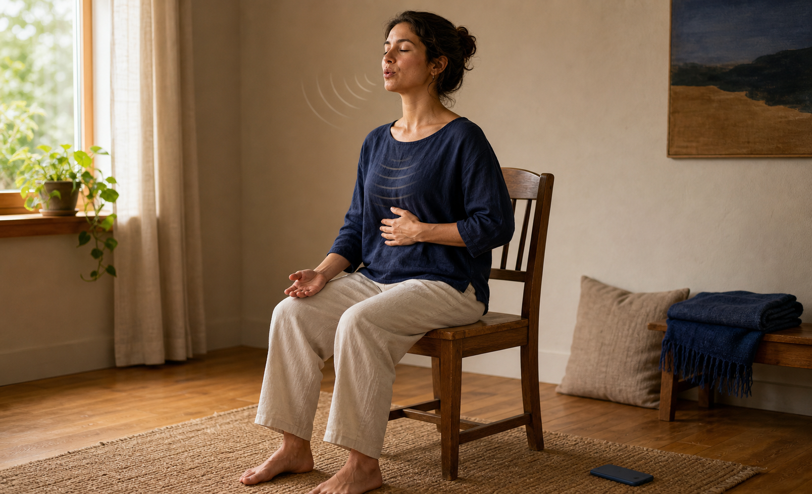 An adult hums while sitting upright on a dining chair with both feet grounded, one hand on the lower ribs and the other on a thigh.