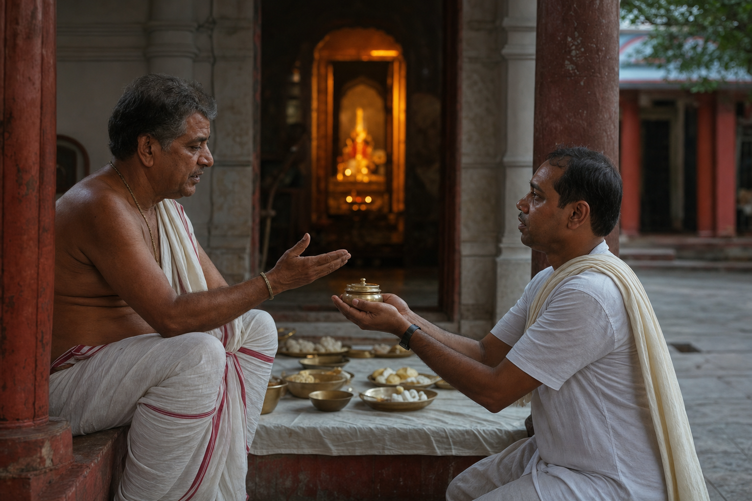 A priest guides a temple attendant holding a covered brass vessel on a lamp-lit veranda after worship.