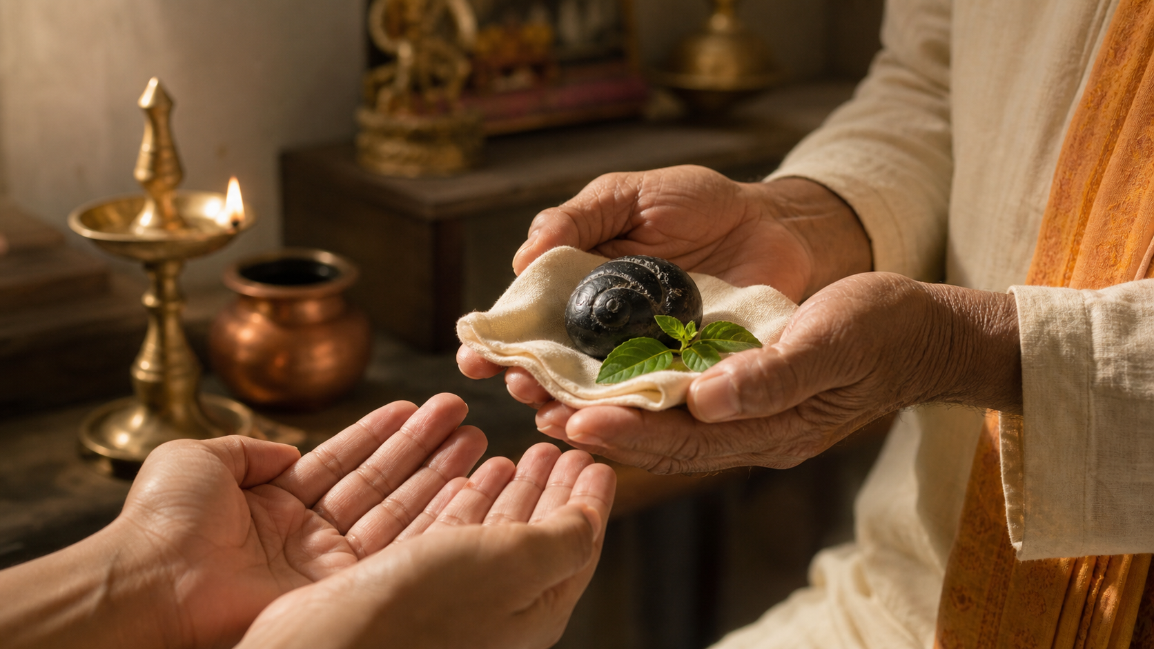 An elder places a black Shaligram on a cloth with Tulsi leaves into a recipient's open hands beside a home altar.