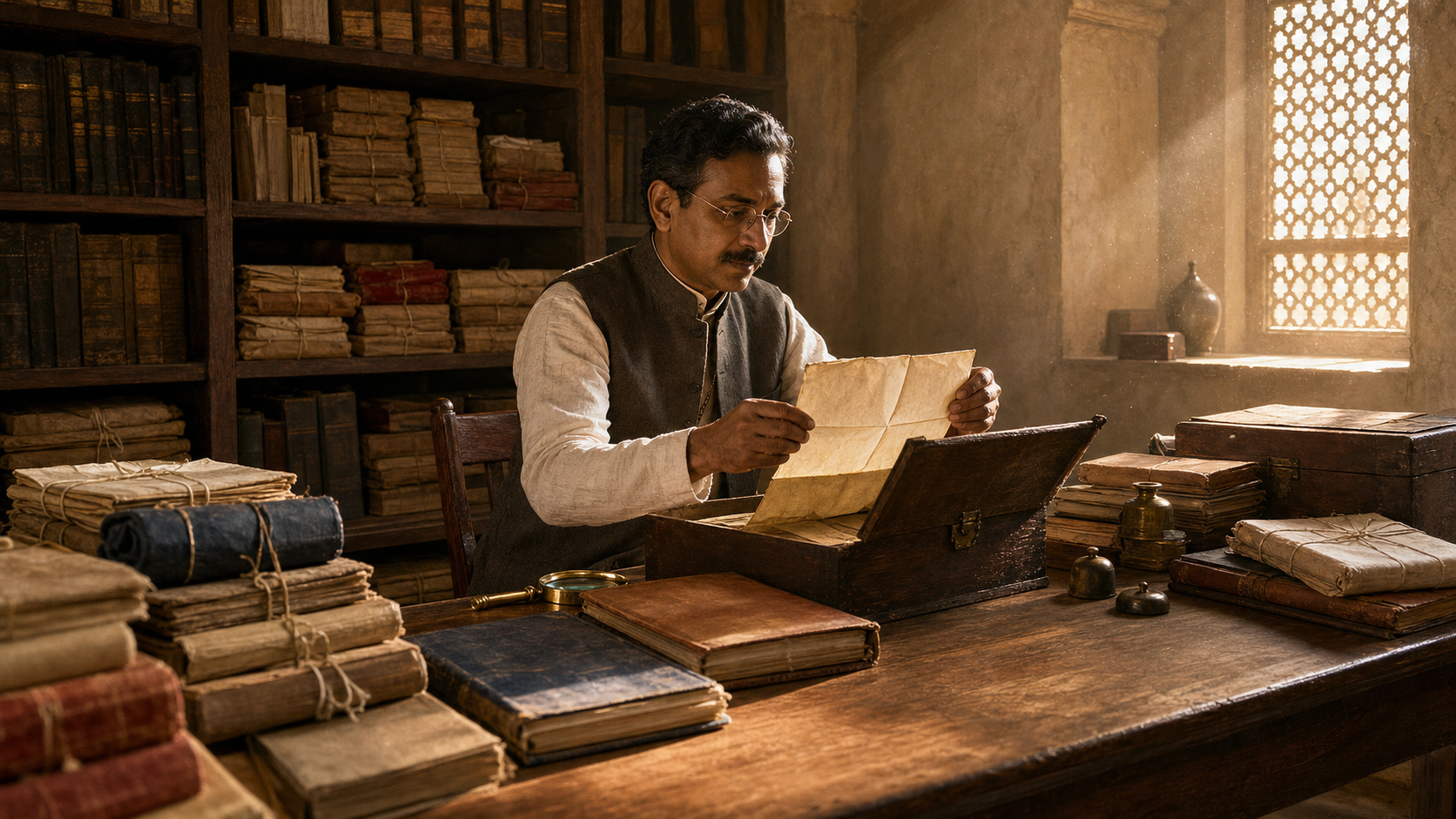 A middle-aged Indian archivist examines a fragile folded document at a desk surrounded by wooden record chests and cloth-wrapped paper bundles.