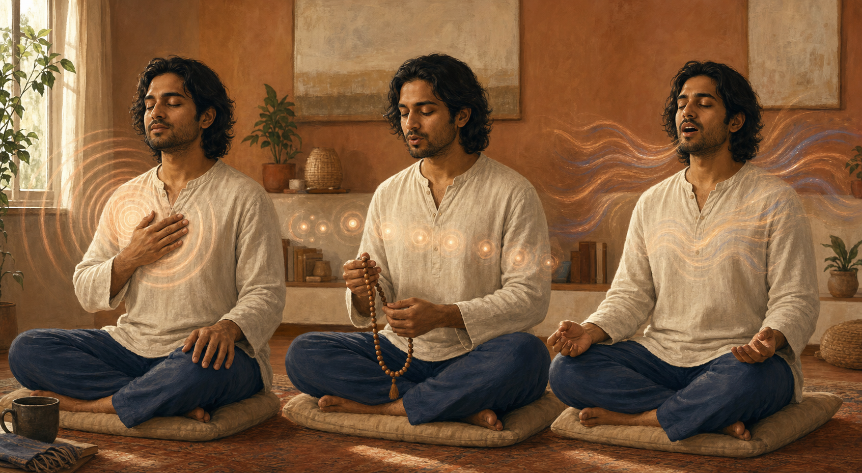 Three adjacent vignettes show the same adult humming with a hand on the chest, repeating a mantra with wooden prayer beads, and practicing a soft open-vowel chant.