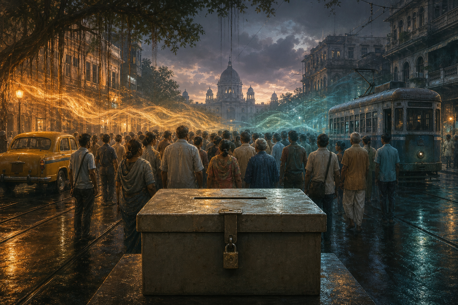 A sealed ballot box stands on a wet Kolkata street as an anonymous crowd gathers beneath intersecting saffron-gold and blue-green light.