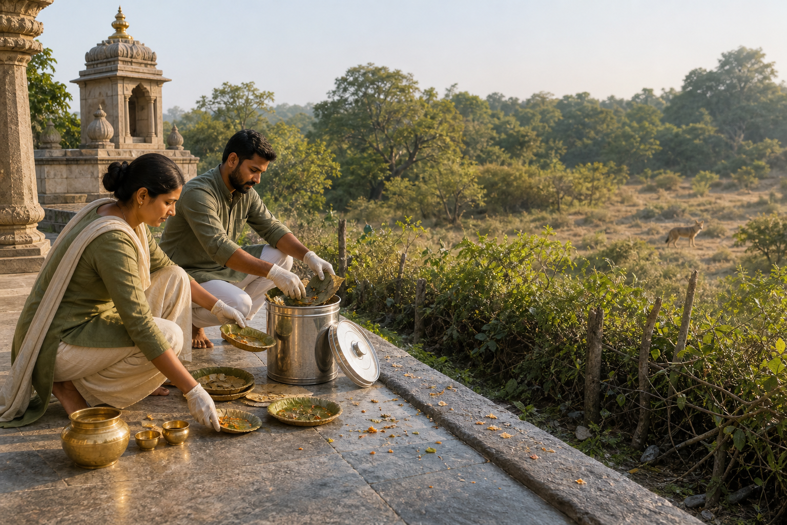 Temple volunteers clear leftover food into a lidded container while a jackal remains far away in the surrounding scrubland.