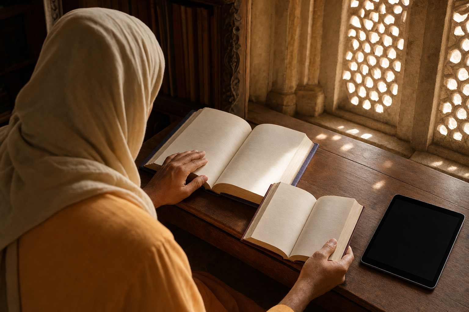 Anonymous Vaishnava reader comparing two open books beside a dark tablet in a sunlit temple library
