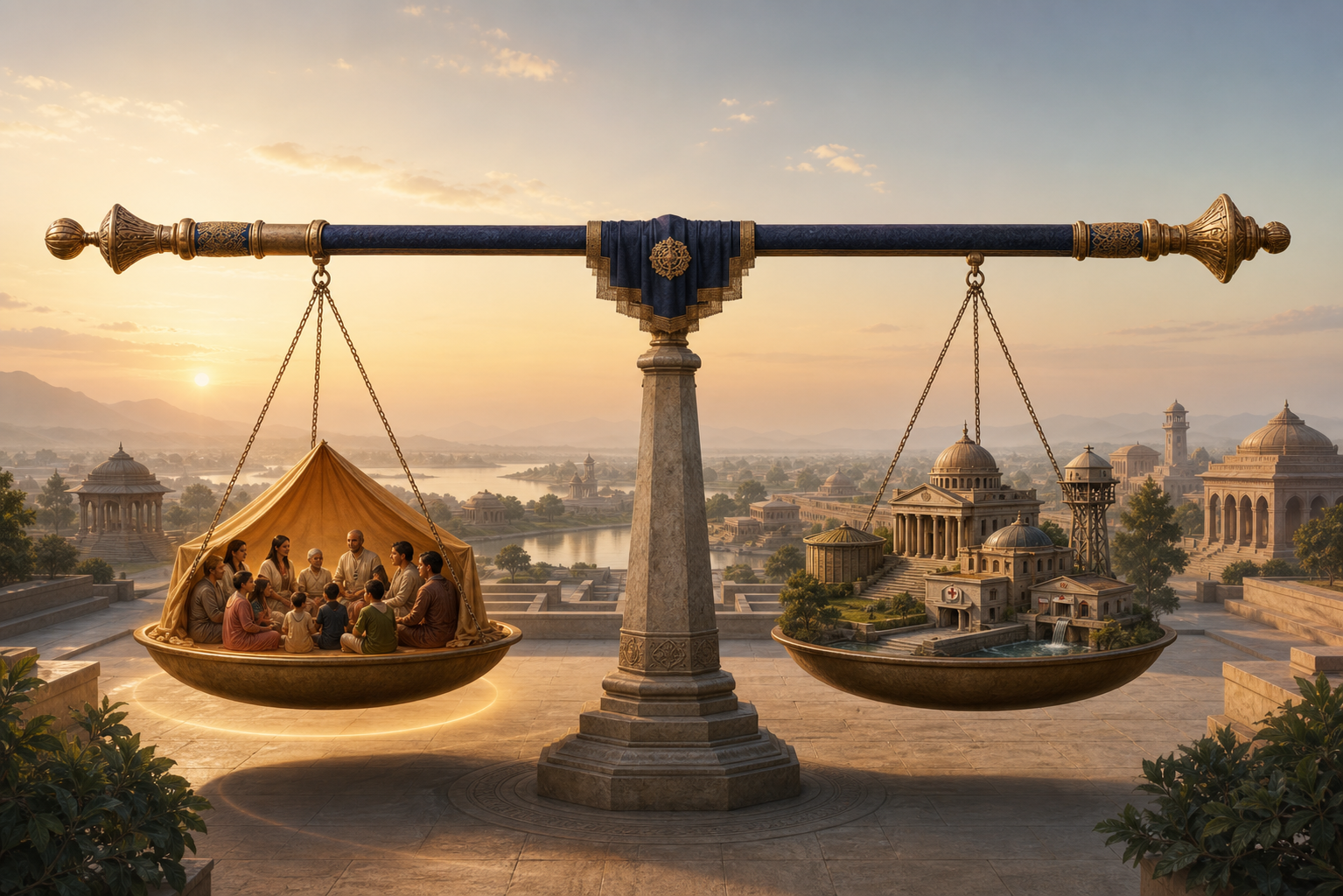 A ceremonial staff lies across a balanced scale between a protected community and a group of civic institutions at dawn.