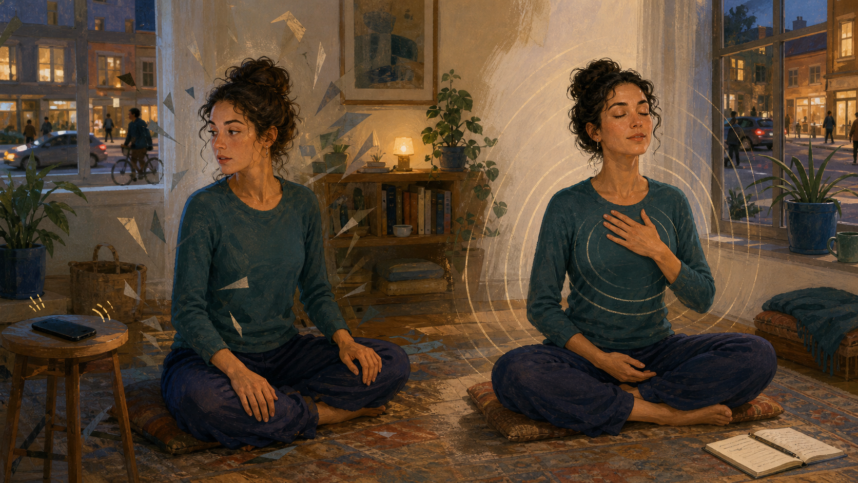 Two moments in one room show an adult pausing when a distant phone vibrates and then returning to a seated humming practice while the surroundings remain active.