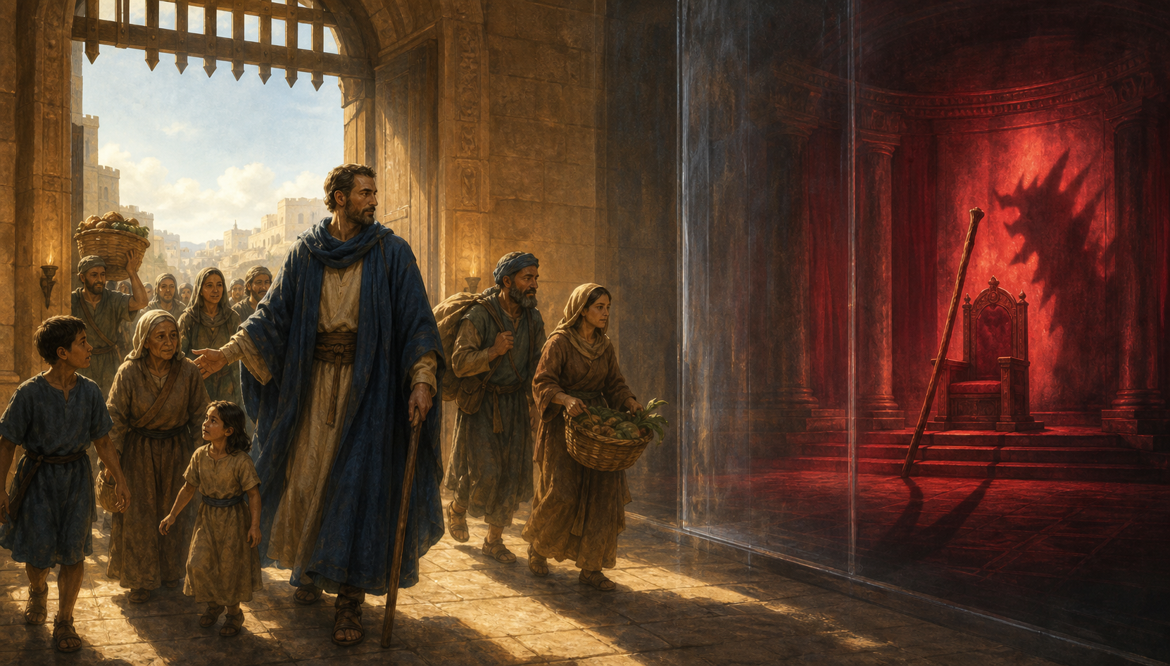 A calm guardian with a lowered staff guides civilians through a safe gateway while an empty throne room casts a threatening shadow nearby.
