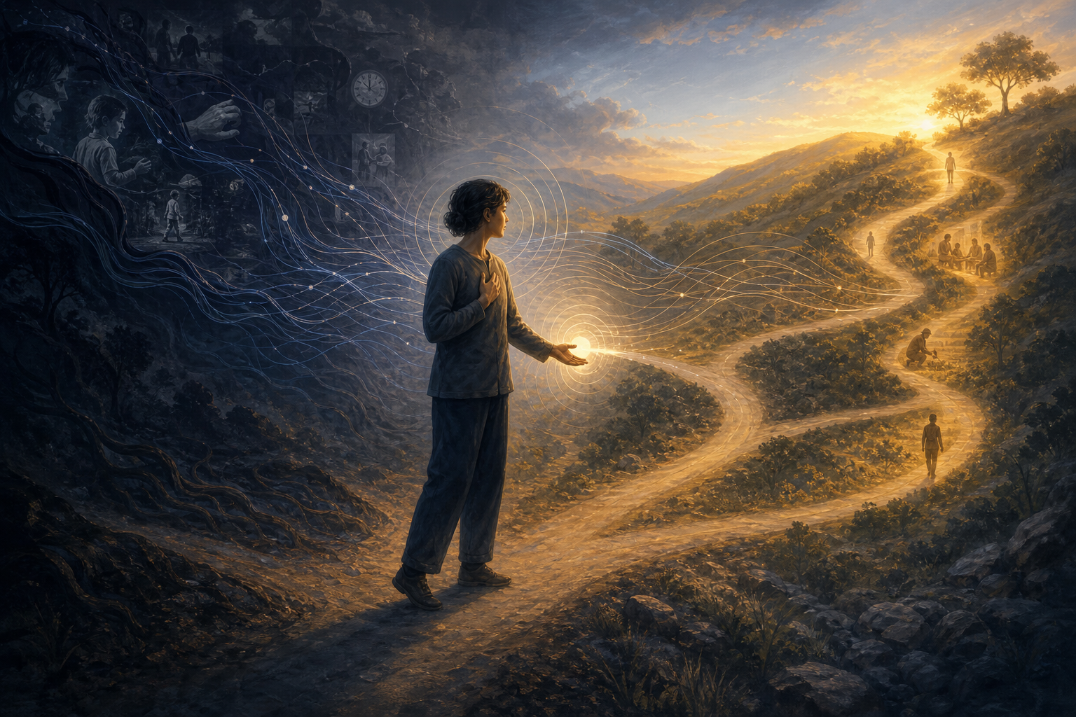 A person pauses where flowing neural patterns and currents from the past divide into several possible paths.
