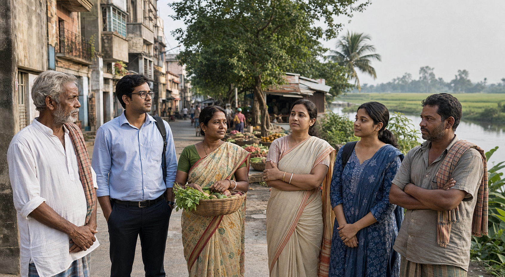 A diverse group of fictional Bengali voters stands before blended urban, small-town, riverside and rural settings.