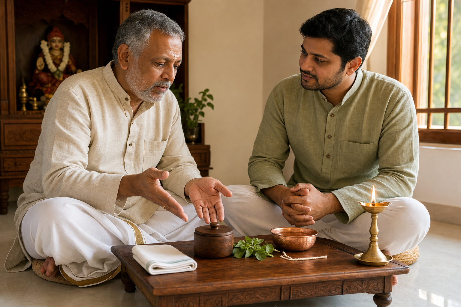 An elder explains a simple Shaligram worship setup to an attentive adult beside a home altar with water, cloth, Tulsi leaves, and a lamp.