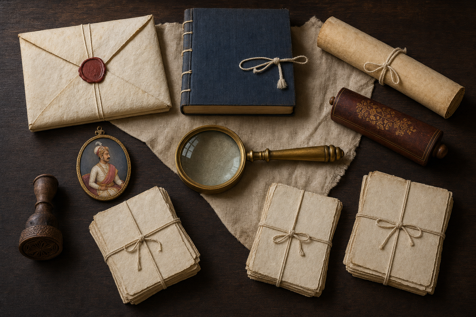 An overhead arrangement shows a sealed letter, closed ledger, tied scroll, document bundles, portrait miniature, seal, and magnifying glass on a wooden table.
