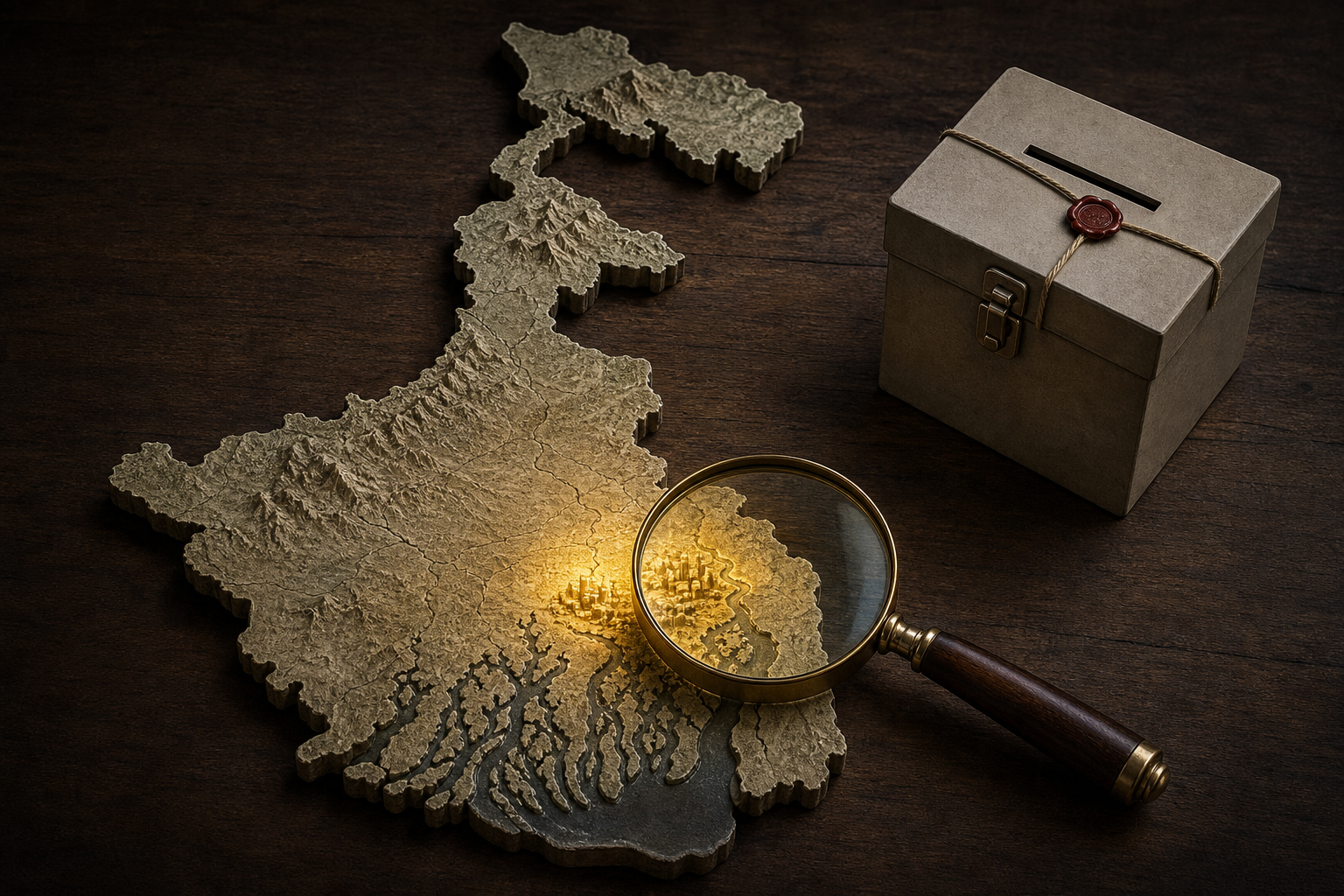 A magnifying glass focuses on one illuminated area of an unlabeled West Bengal-shaped relief beside a sealed ballot box.