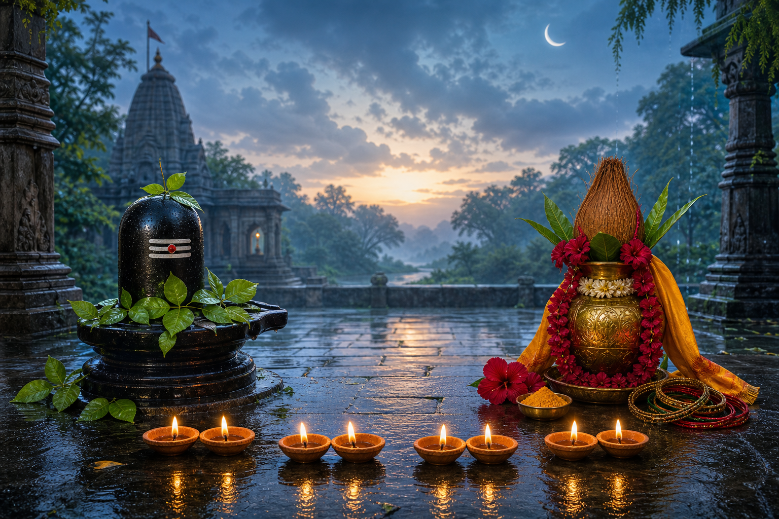 A Shiva lingam and decorated Gauri kalasha stand beside eight oil lamps arranged in four pairs in a rain-washed temple courtyard.