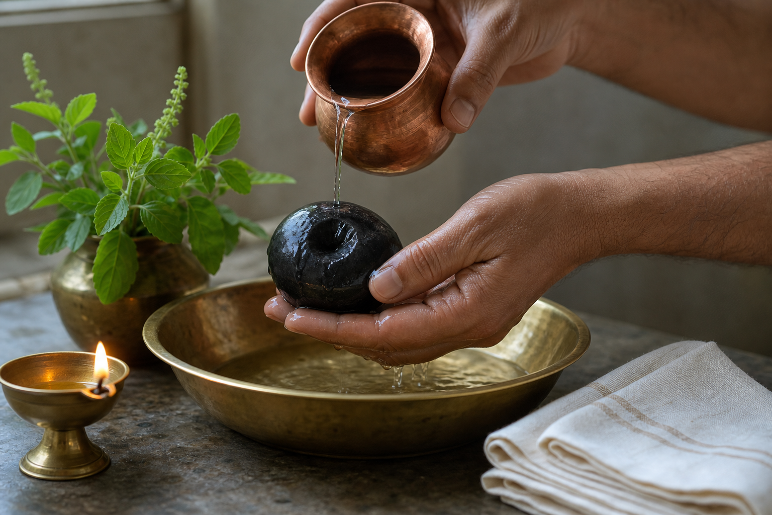 Hands pour water from a copper vessel over a black Shaligram above a brass basin during daily seva.