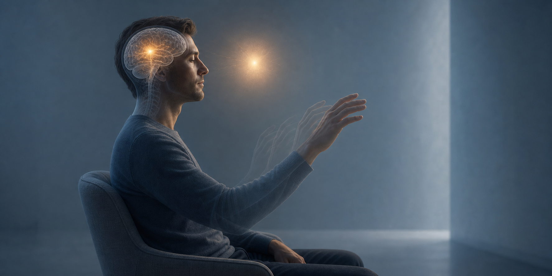 A seated person starts to lift a hand as a pulse of light appears in a translucent view of the brain.