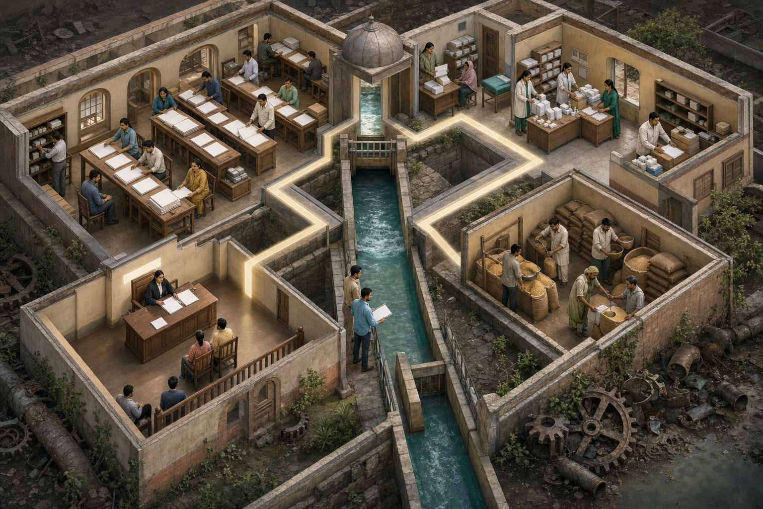 A cutaway civic complex shows public records, waterworks, a clinic, a granary, and a court operating as one connected system.