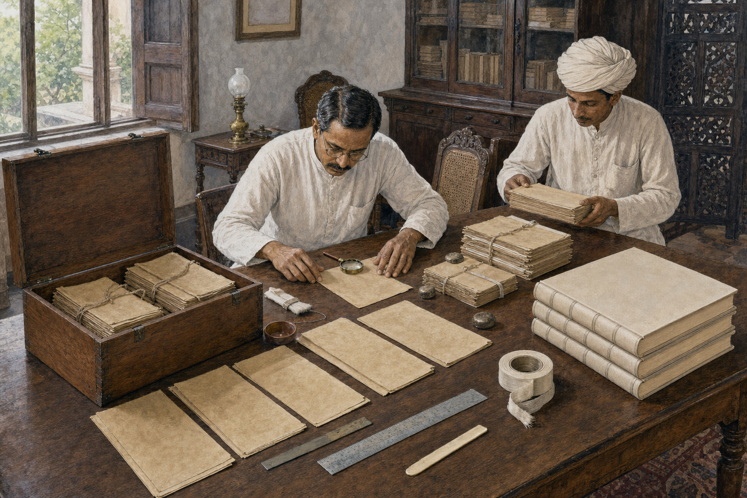 Two Indian researchers sort fragile folios with paper weights and cotton tape, moving documents from a wooden chest into ordered bound volumes.