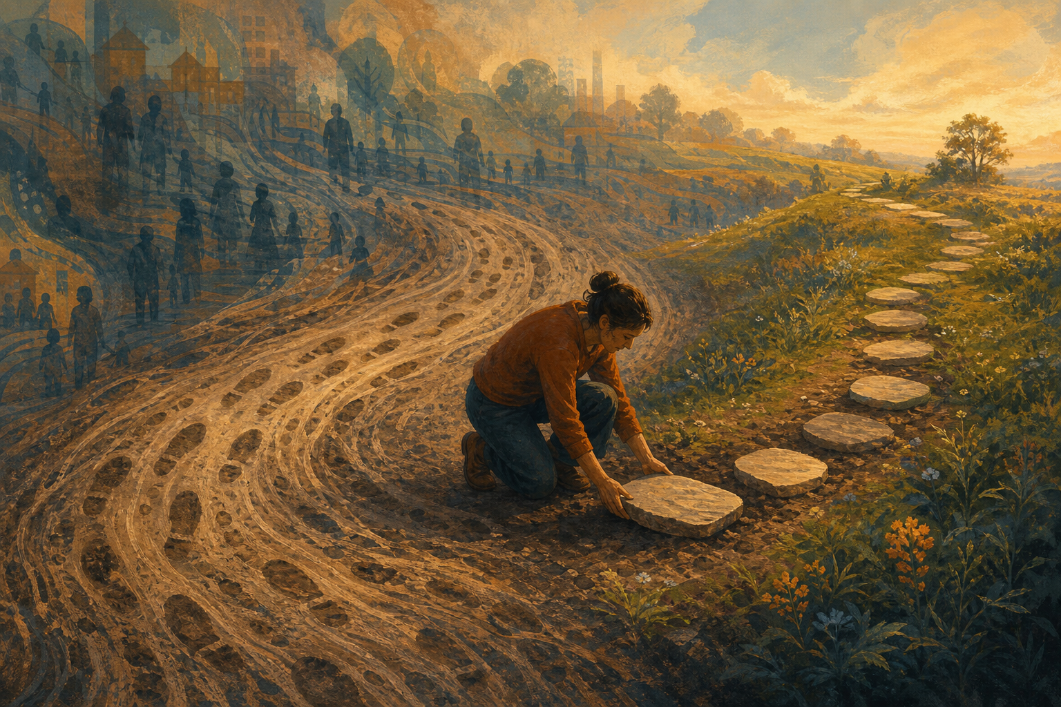 A person places a new stepping stone beside a path shaped by old footprints and deep grooves.