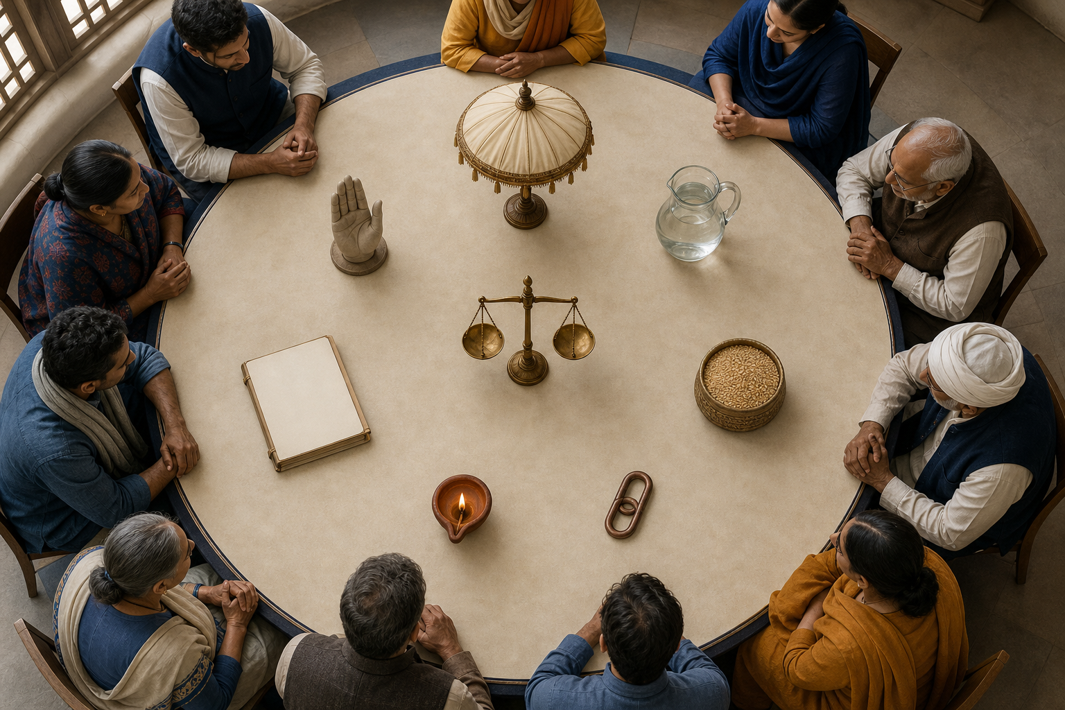 Citizens and administrators sit around a circular table examining symbolic objects arranged around a balanced scale.