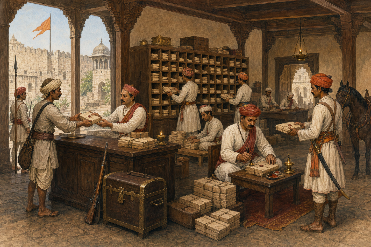 Messengers, clerks, and an official pass sealed document packets through stages of sorting, authorization, storage, and dispatch in a Maratha administrative office.