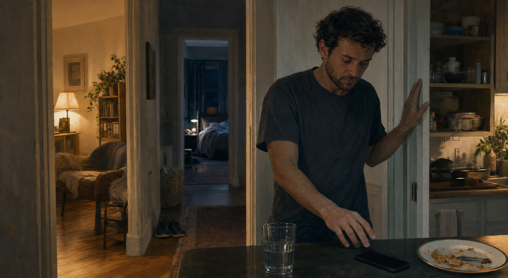 A stressed person pauses near a phone while earlier cues and several ordinary alternative actions appear throughout the room.