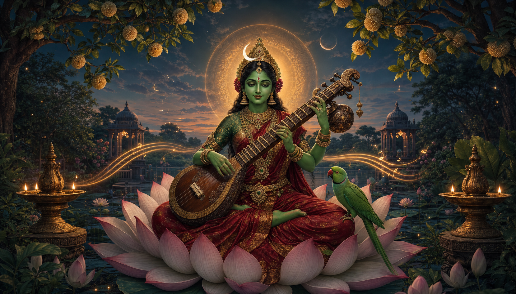 Dark emerald-green Laghu Shyamala sits on a lotus playing a vina, with a green parrot beside her in a twilight garden.