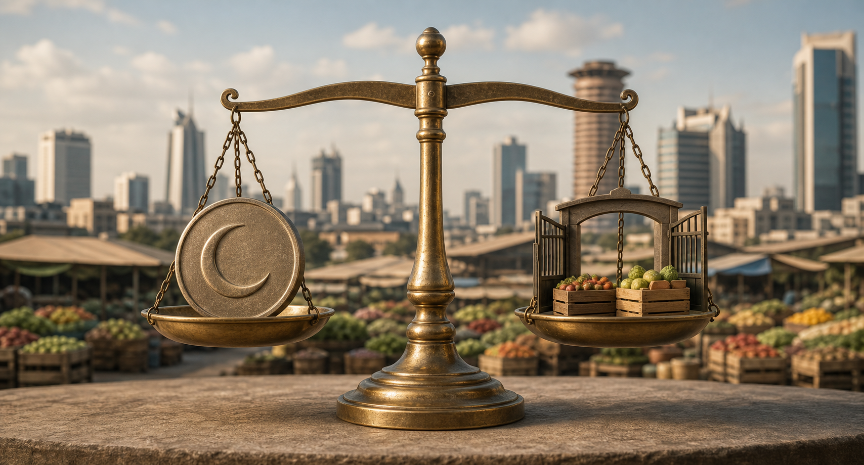 A brass balance scale weighs a crescent-patterned seal against a market gate and food crates in a Kenyan urban setting.