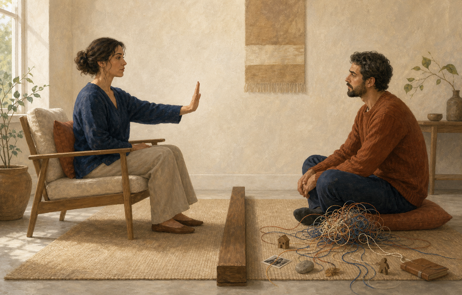 Two people face each other as one sets a firm boundary and tangled threads beside the other suggest contributing causes.