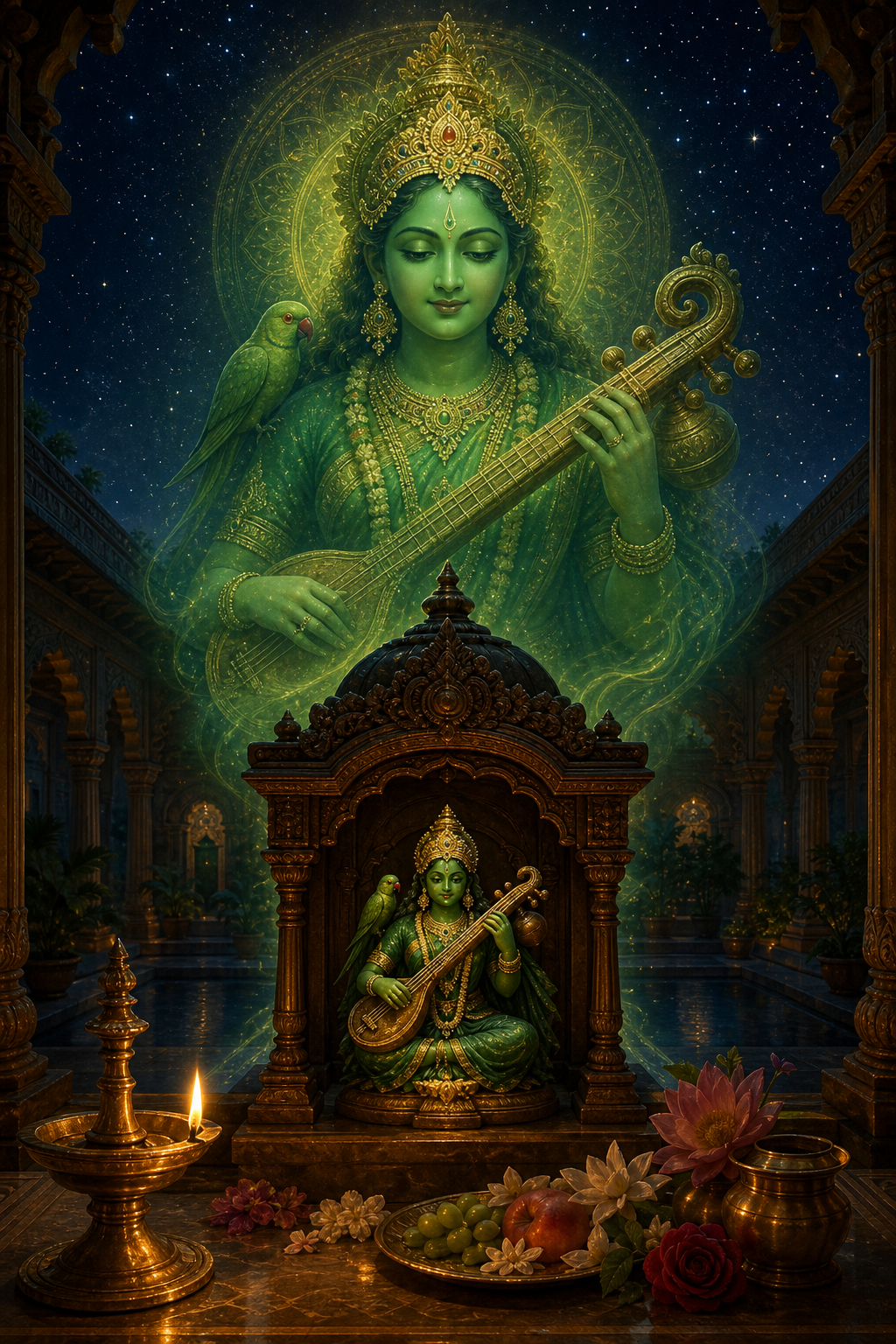 A small lamp-lit shrine to green-hued Shyamala stands before a much larger translucent green and gold divine presence.