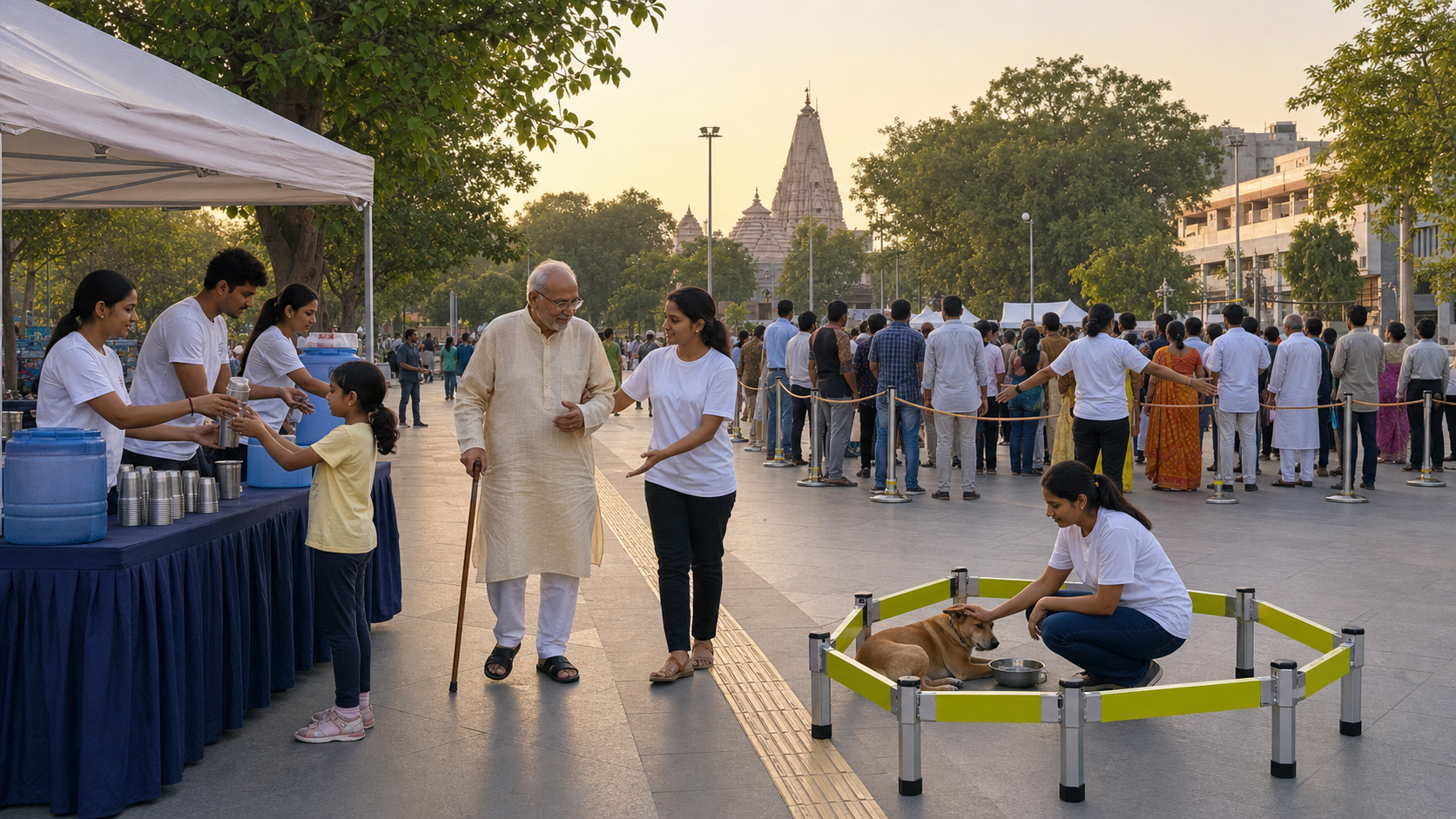 Volunteers provide water, assist an elderly attendee and protect a community dog beside an orderly civic gathering in an Indian town square.