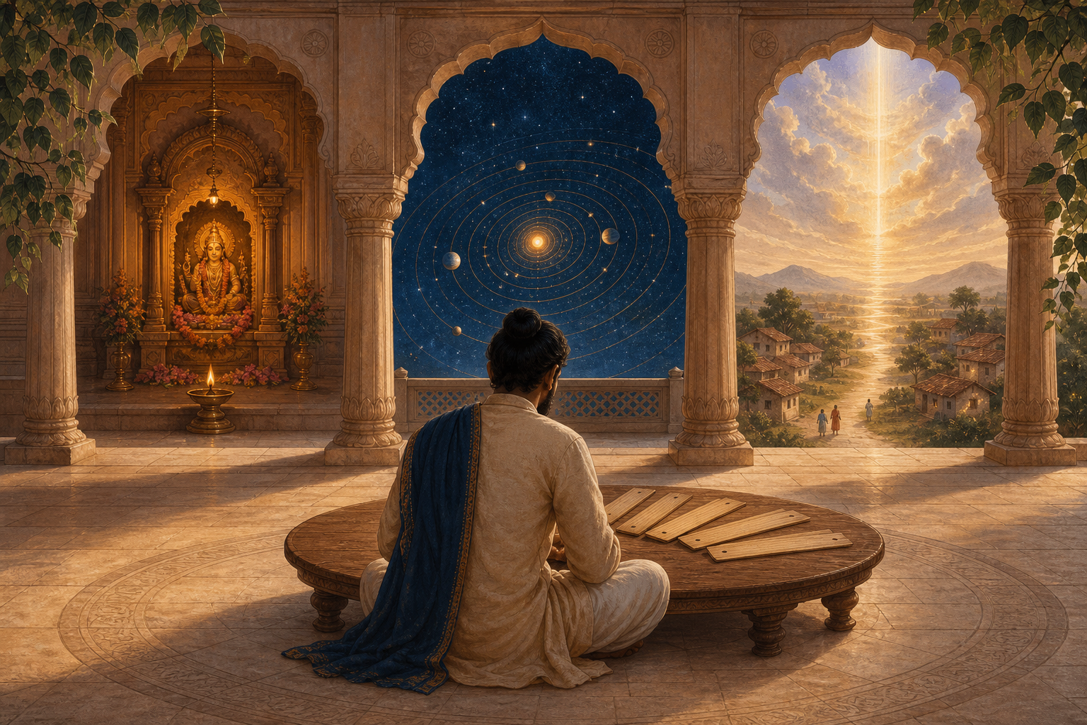 A scholar in a library courtyard sits before blank palm-leaf folios, with a devotional shrine, a star-filled cosmic vision, and a luminous path to a village in three separate spaces behind them.
