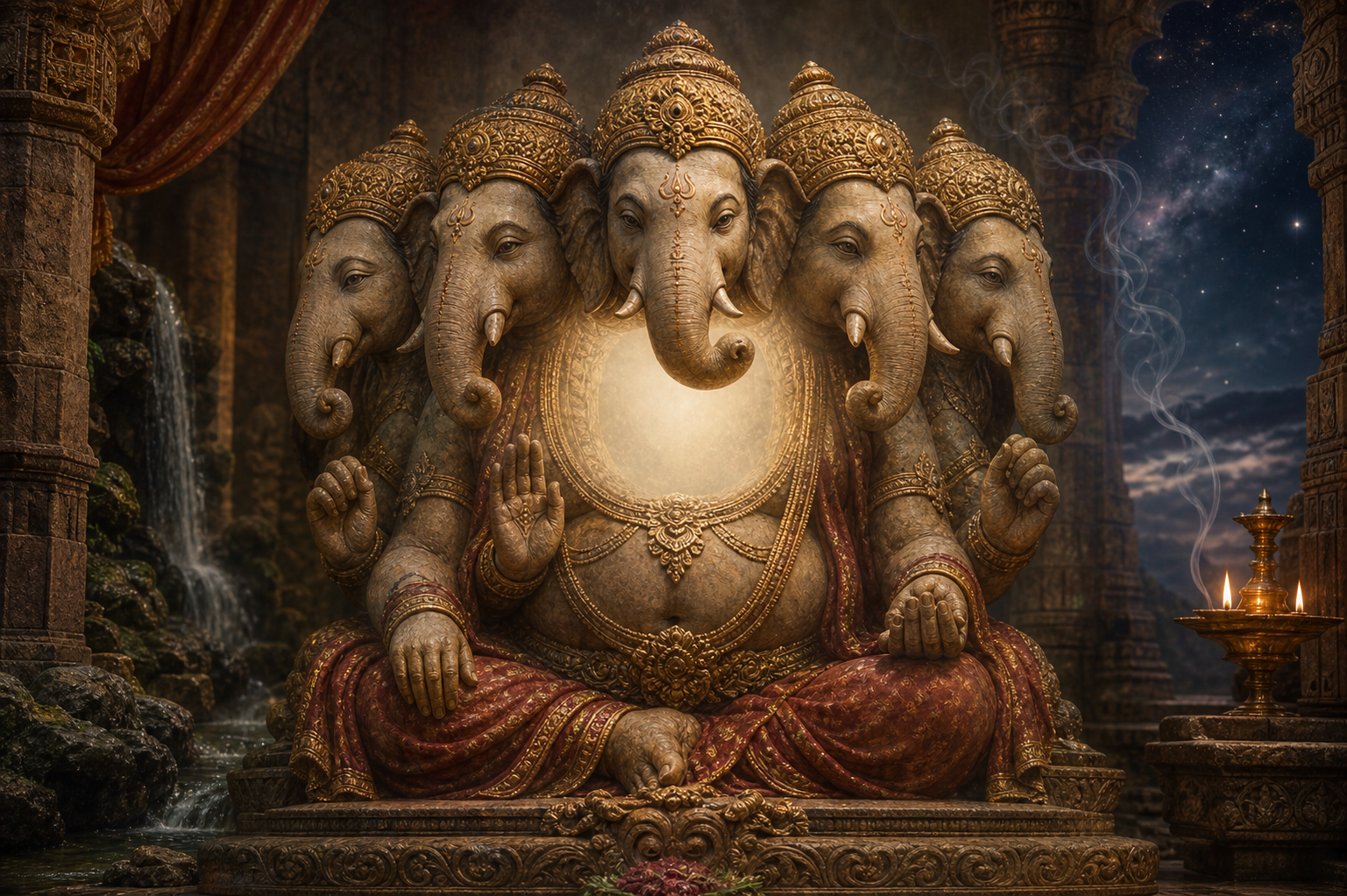 A five-faced Ganapati murti sits in a lamplit stone sanctuary with a soft white-gold glow in the open space at its center.