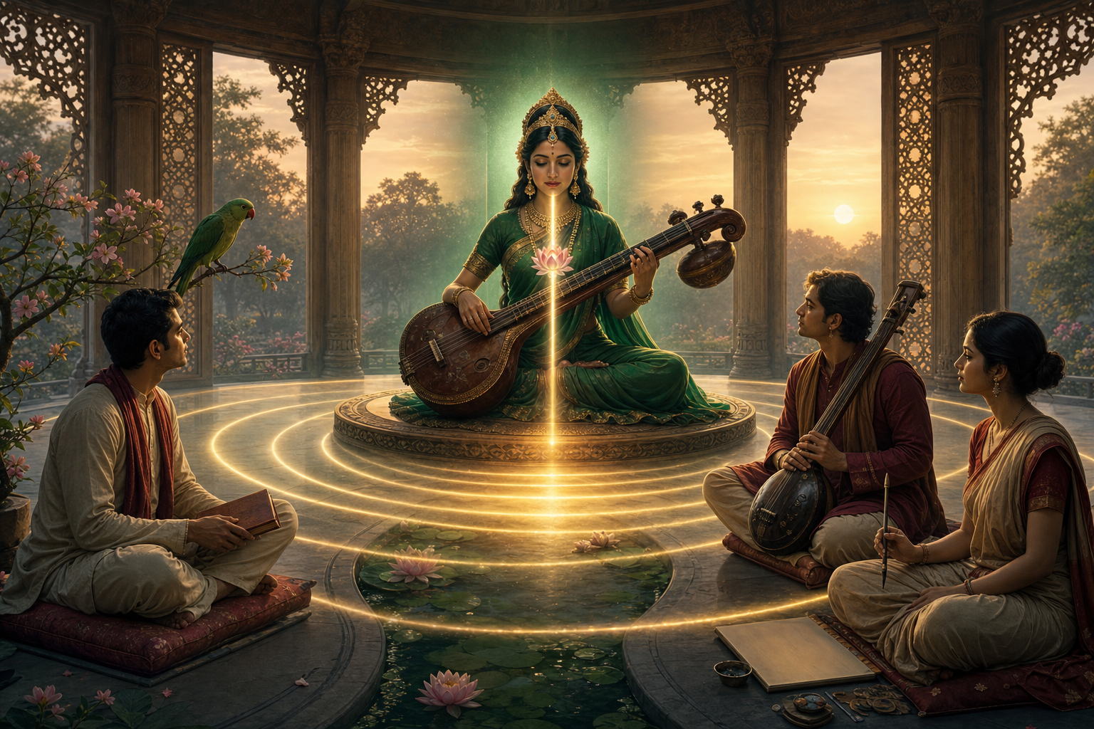 Laghu Shyamala plays a vina as warm light and circular ripples extend toward an attentive student, musician, and artist.