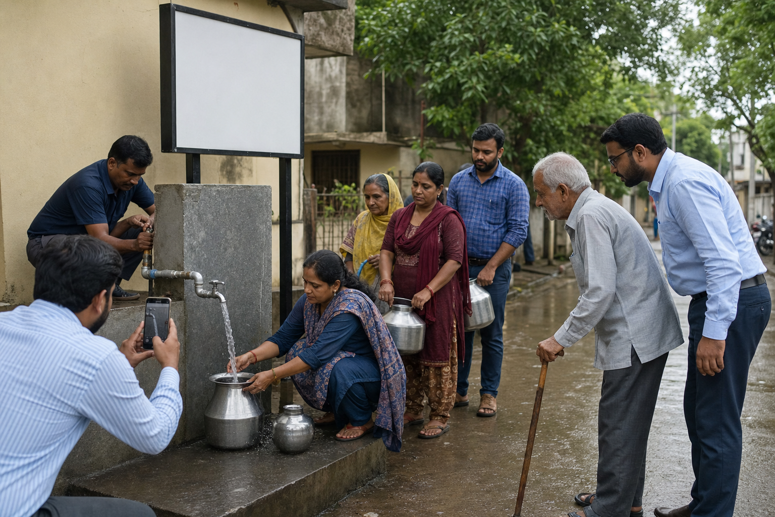 Municipal staff and civic volunteers inspect a repaired public water point as neighborhood residents use it.