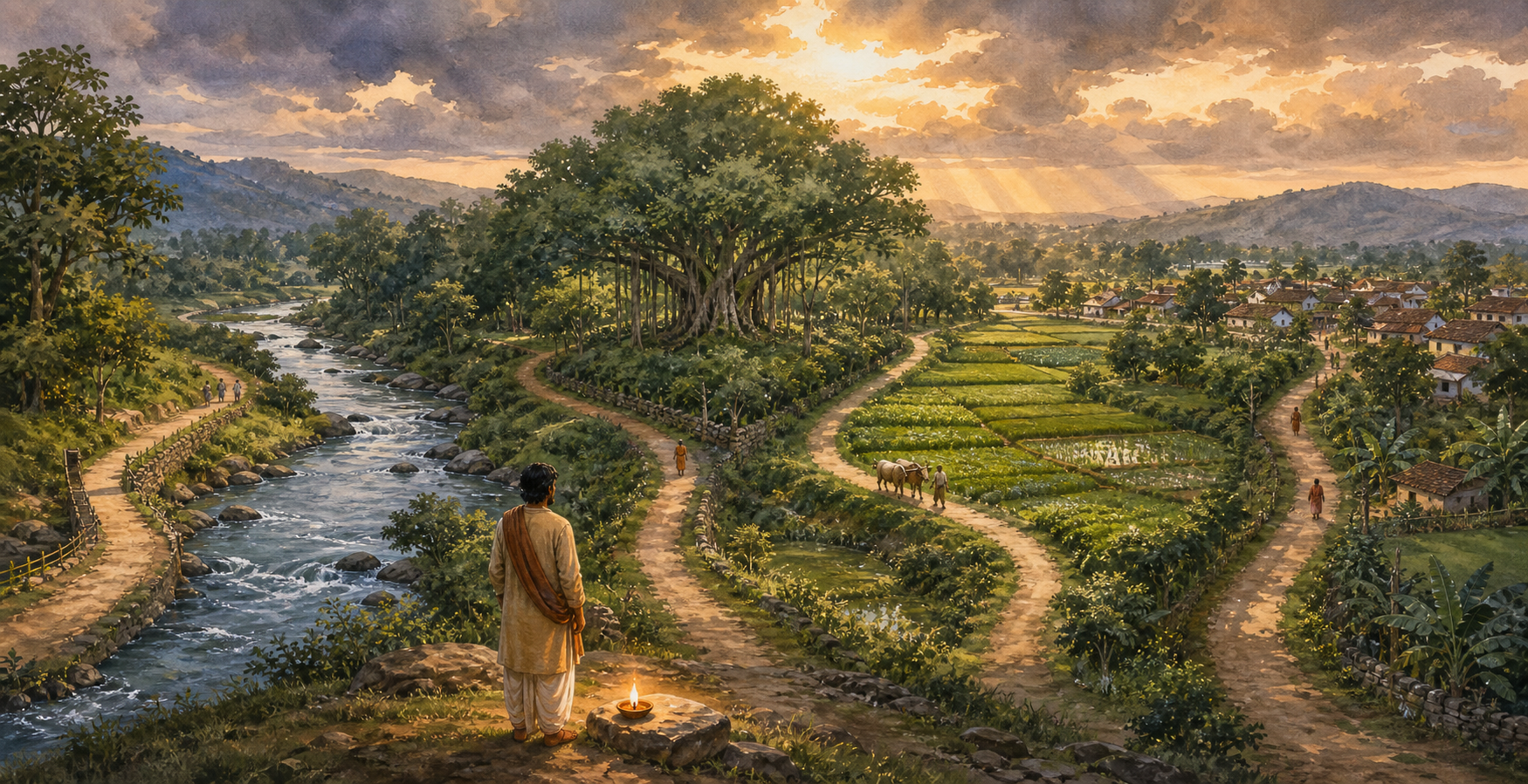 A traveler with a small lamp pauses before four separate paths winding through a river valley, fields, trees, and a village at dawn.