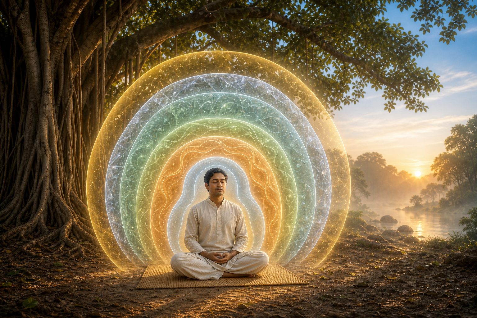 A seated meditator beneath a banyan tree is surrounded by five translucent nested layers within a wider field of daylight.