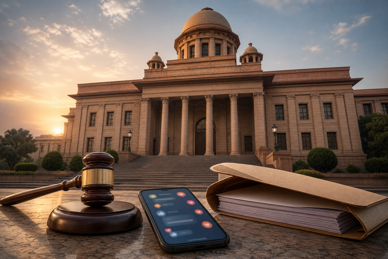 A gavel and smartphone with abstract social-media symbols in front of an Indian-style courthouse.
