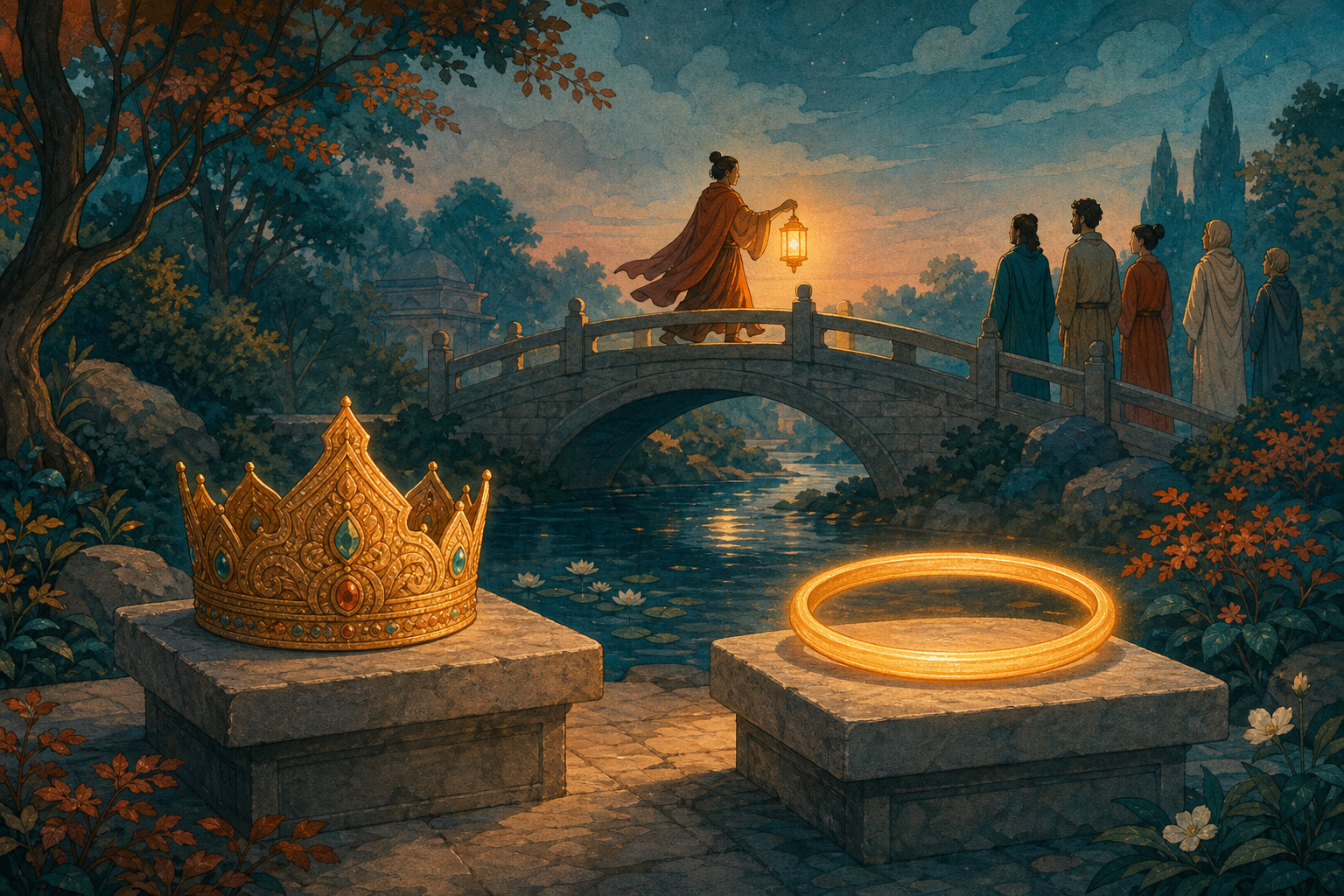 A ceremonial crown and radiant halo rest on separate pedestals while a guide carrying a lamp leads travelers across a bridge in the background.