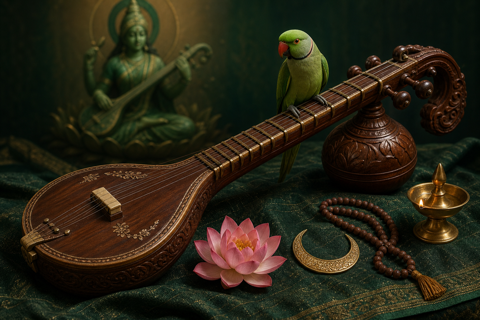 A vina, green parrot, lotus, crescent ornament, prayer beads, and oil lamp are arranged before a softly blurred goddess figure.