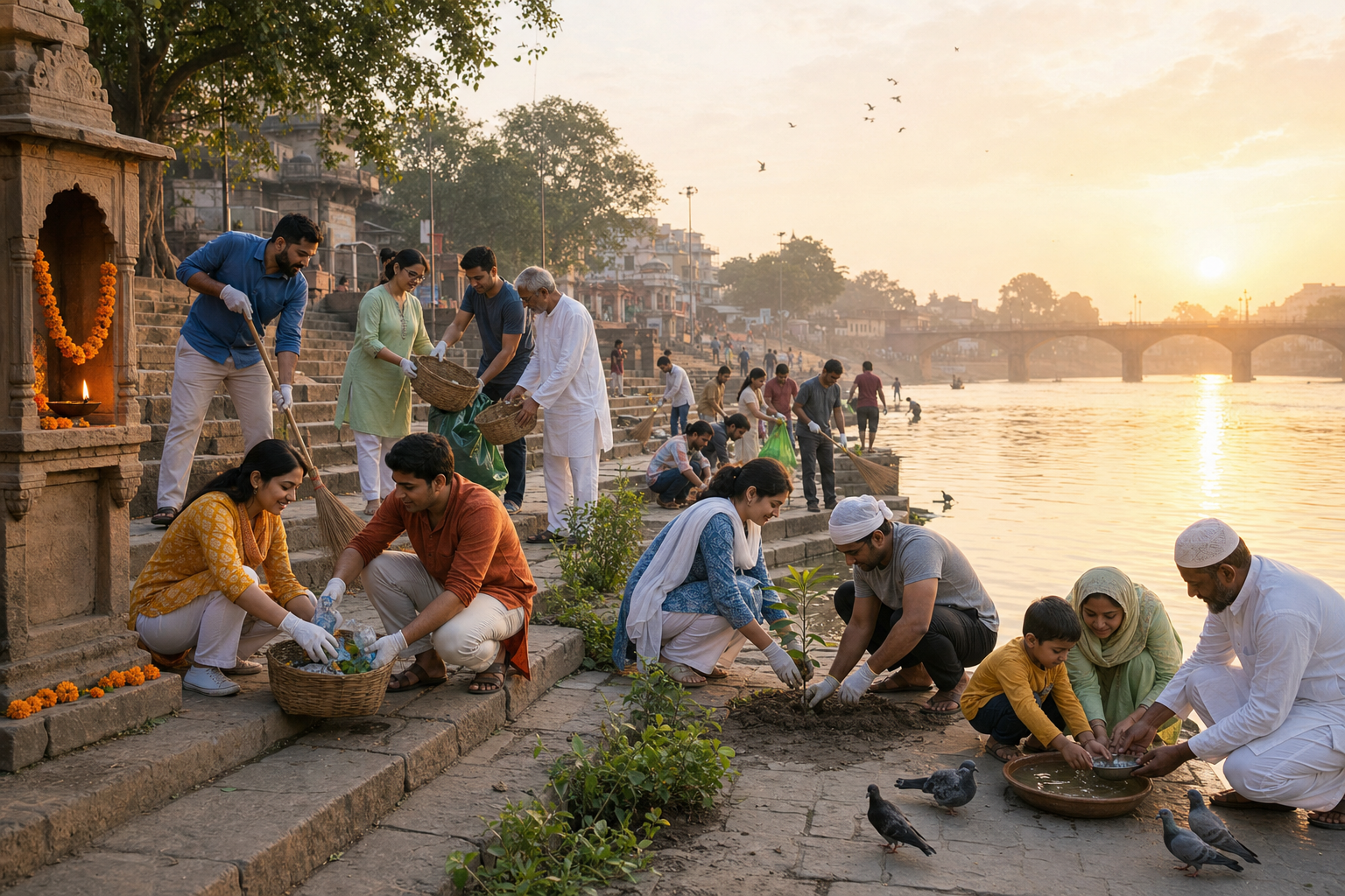 Hindu volunteers and diverse neighbors clean riverside steps, plant saplings and set out water for birds near a small shrine.