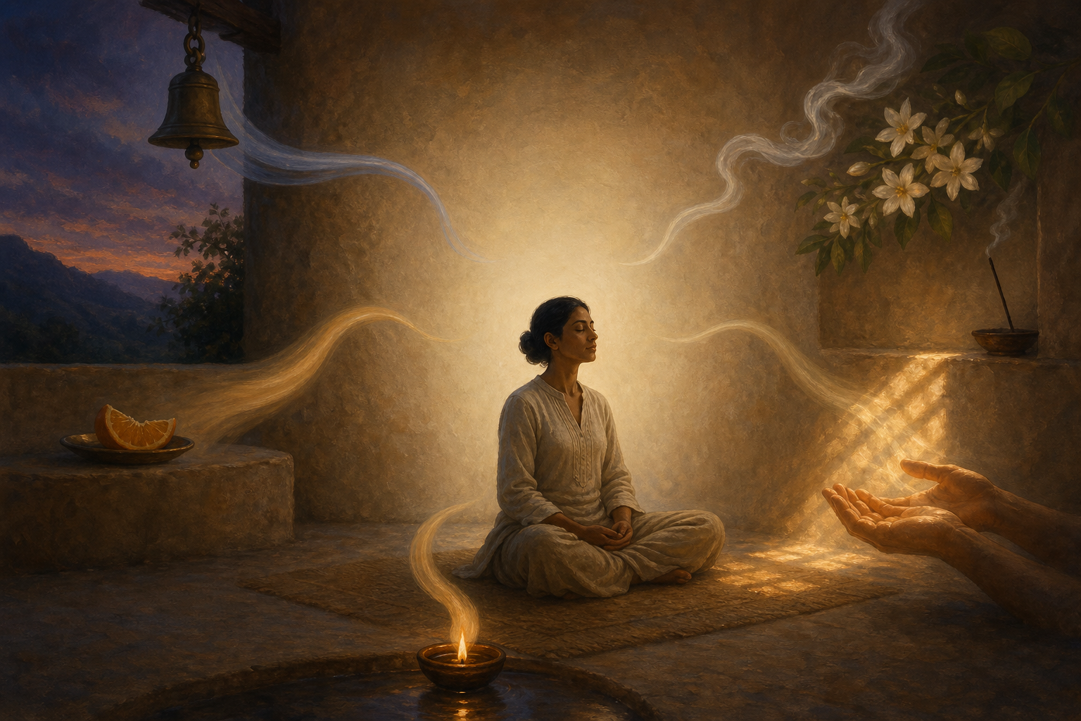 Five sensory motifs curve inward toward a seated practitioner in a quiet room lit by an amber oil lamp.