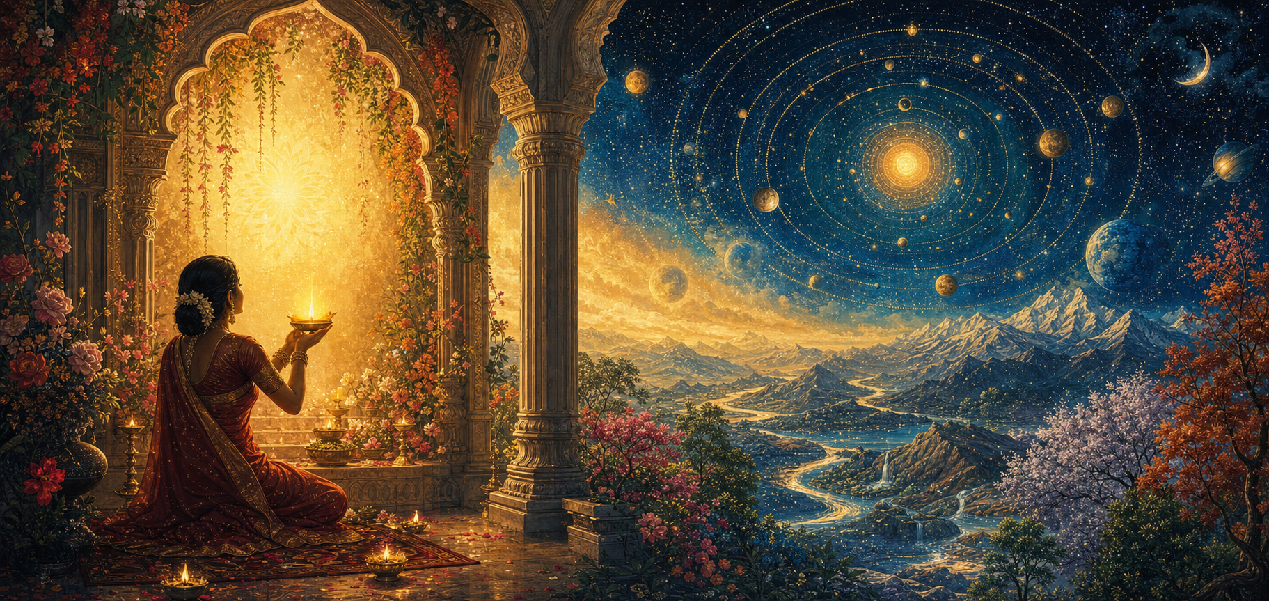 A devotee offers an oil lamp at a glowing shrine beside a separate view of mountains, rivers, stars, and concentric celestial forms ordered around golden light.