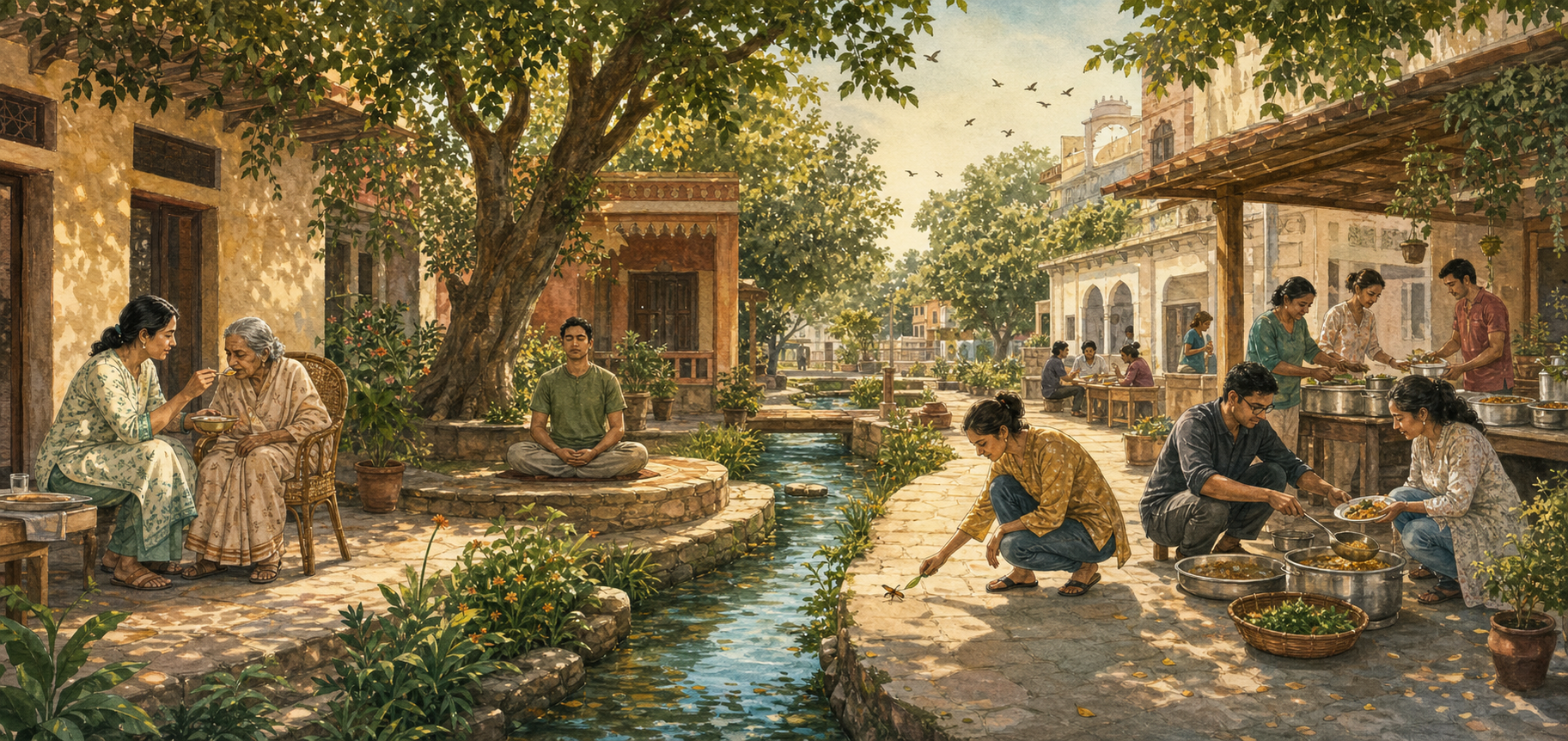 Four connected courtyards show people caring for an elder, meditating, protecting an insect, and serving a communal meal.