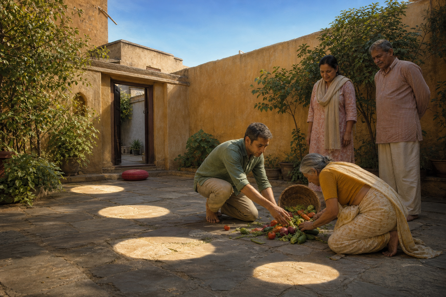 A person in a sunny courtyard helps an older adult gather spilled vegetables while neighbors stand nearby.