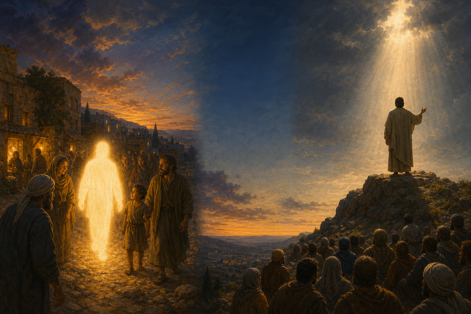 A luminous figure walks among villagers in one scene, while a robed messenger beneath a shaft of light addresses a community in a separate scene.